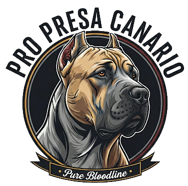 Logo of Pro Presa Canario featuring a detailed illustration of a Perro de Presa Canario dog with the text "PRO PRESA CANARIO" and "Pure Bloodline."