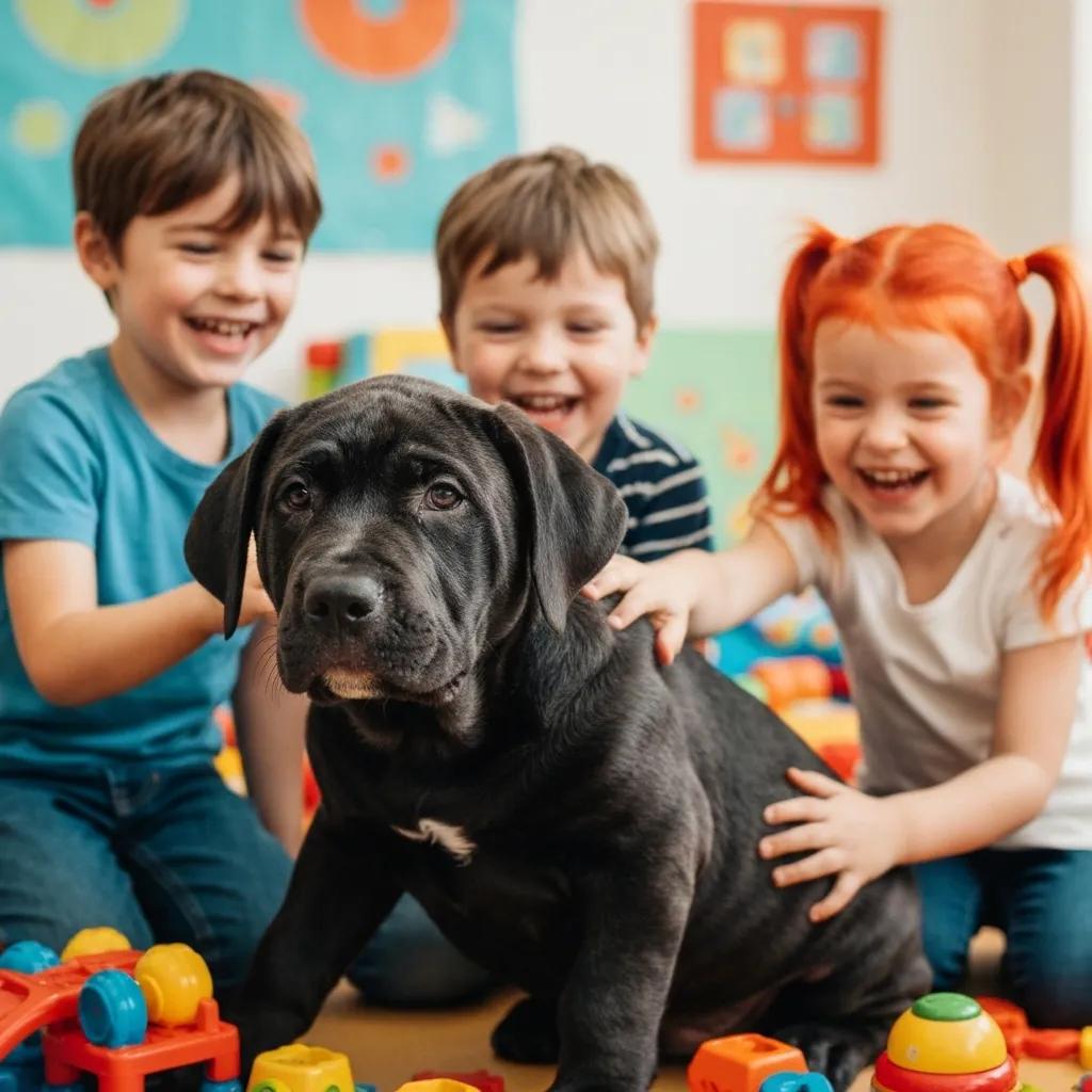 Presa Canario puppy interacting with children in a supervised play area, highlighting the importance of early socialization