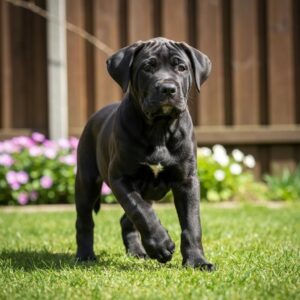 Pure Presa Canario puppy walking in a sunny backyard, showcasing its playful demeanor amidst blooming flowers.