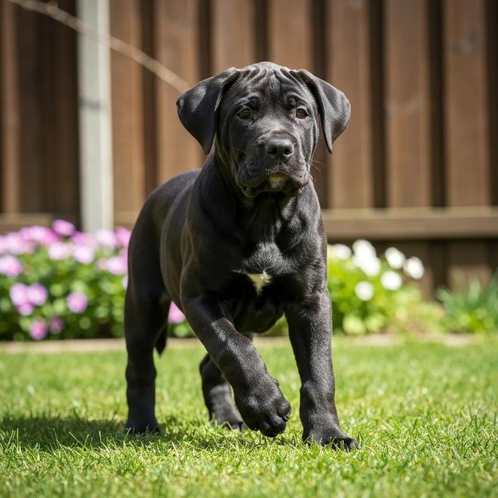 Pure Presa Canario puppy playing in a sunny backyard, showcasing its playful and confident demeanor