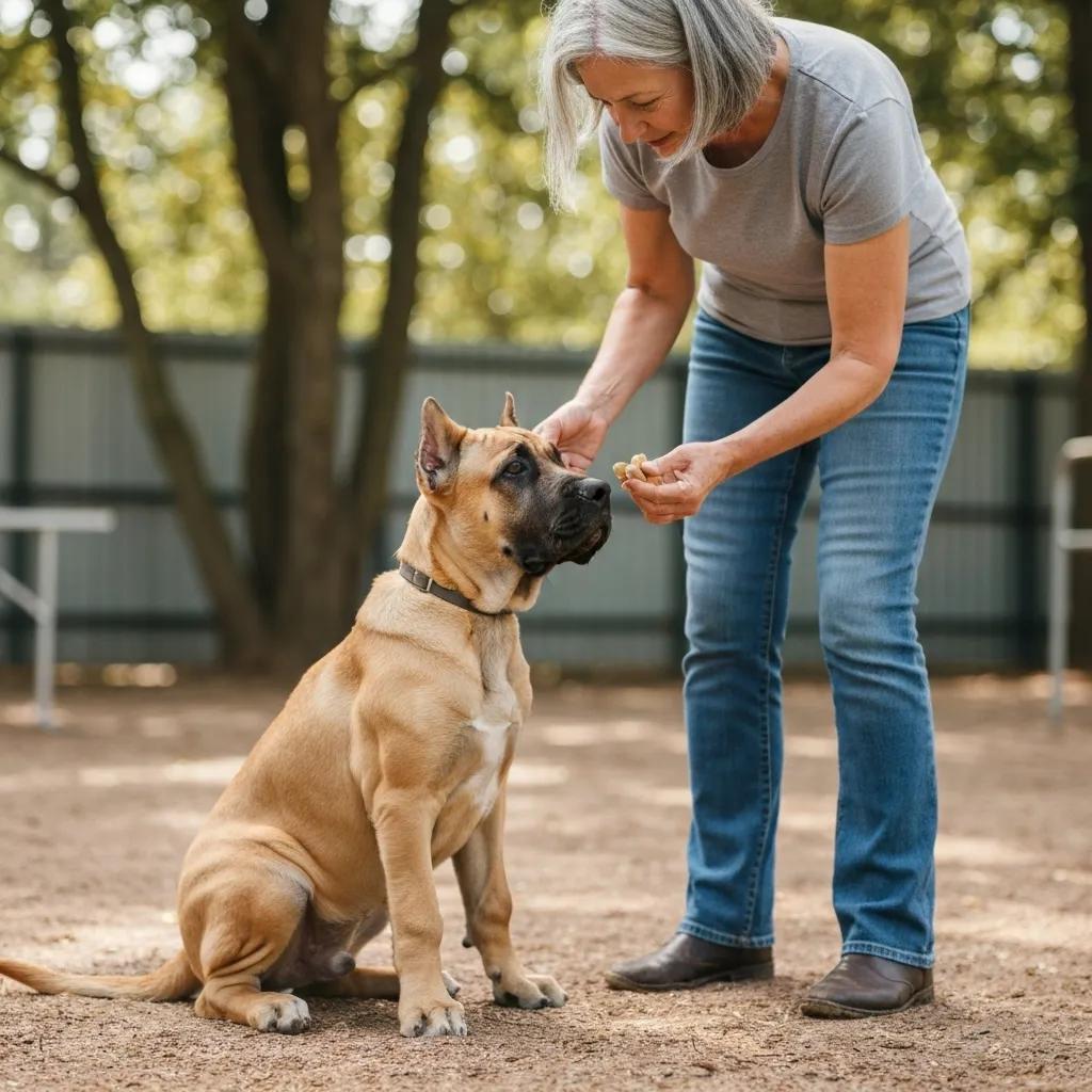 Trainer working with a Presa Canario puppy using positive reinforcement techniques in a training session
