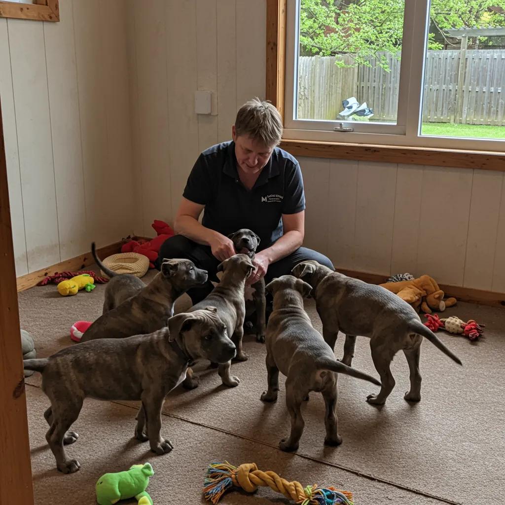 Friendly breeder with Presa Canario puppies in a clean and welcoming breeding facility