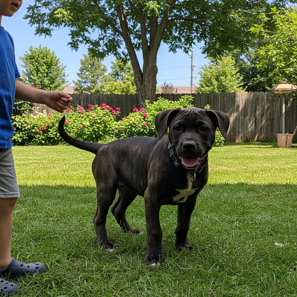 Playful Perro de Presa Canario puppy interacting with a child in a vibrant backyard