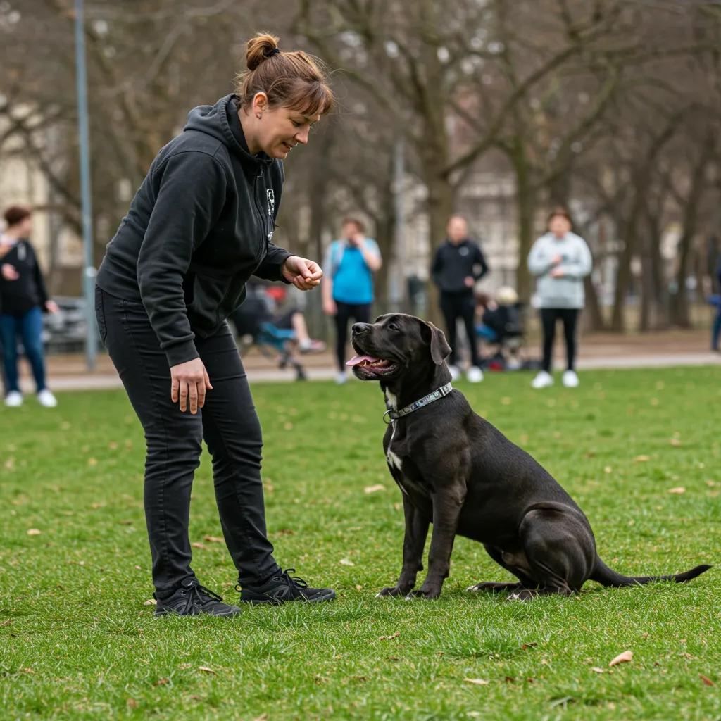 Presa Canario puppy in training session with owner in a park, showcasing positive reinforcement